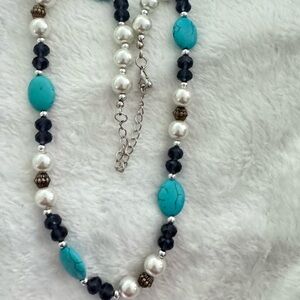 Turquoise and blue rhinestones and faux pearls 18-20” long silver tone clasp $10